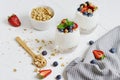 Healthy Breakfast Concept. Muesli with Greek Yogurt, Strawberries and Blueberries Royalty Free Stock Photo