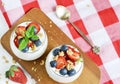 Healthy Breakfast Concept. Muesli with Greek Yogurt, Strawberries and Blueberries Royalty Free Stock Photo