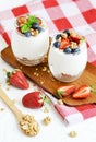 Healthy Breakfast Concept. Muesli with Greek Yogurt, Strawberries and Blueberries Royalty Free Stock Photo