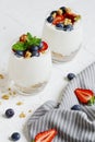 Healthy Breakfast Concept. Muesli with Greek Yogurt, Strawberries and Blueberries Royalty Free Stock Photo