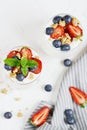Healthy Breakfast Concept. Muesli with Greek Yogurt, Strawberries and Blueberries Royalty Free Stock Photo