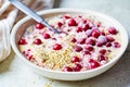 Healthy breakfast concept. Oatmeal bowl with berries, chia and hemp seeds Royalty Free Stock Photo