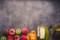 Healthy breakfast concept. Toasts with butter, honey, fruits and tea over dark wooden background. Toned