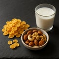 Healthy Breakfast: Corn Flakes, Assorted Nuts, and a Glass of Milk on a Dark Slate Background AI-GENERATED Royalty Free Stock Photo