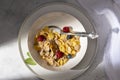 Healthy breakfast with corn flakes, berries and milk on white background. top view Royalty Free Stock Photo