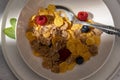 Healthy breakfast with corn flakes, berries and milk on white background. top view Royalty Free Stock Photo