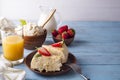 Healthy breakfast cottage cheese casserole with juice Royalty Free Stock Photo