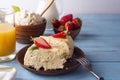 Healthy breakfast cottage cheese casserole with juice Royalty Free Stock Photo