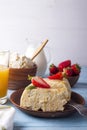 Healthy breakfast cottage cheese casserole with juice Royalty Free Stock Photo