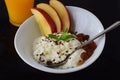 Healthy breakfast: cottage cheese with flax seeds, raisins, fresh apples. Healthy eating concept.