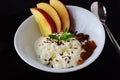 Healthy breakfast: cottage cheese with flax seeds, raisins, fresh apples. Healthy eating concept.