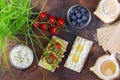 Healthy breakfast crisp bread with avocado, tomato, egg, cottage cheese. Chives, blueberries, and freshly roasted coffee Royalty Free Stock Photo