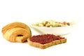 Healthy breakfast: croissant, porridge, toast jam Royalty Free Stock Photo