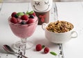 Healthy breakfast: Curd souffle with fresh blueberry, raspberries, granola and tea