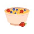 Healthy breakfast food on bowl, cereal porridge with blueberry and strawberry berries