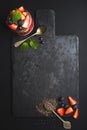 Healthy breakfast food frame. Chia pudding with fresh berries and mint on black slate stone board over dark background Royalty Free Stock Photo