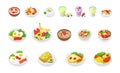 Healthy breakfast food icons collection. Muesli, cereal, fruits and berries, nuts, eggs, omelet, avocado, smoothie