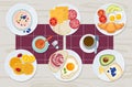 Healthy breakfast. Food daily menu cheese biscuits milk juice eggs butter meal vector cartoon products collection Royalty Free Stock Photo