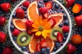 Healthy breakfast food, nutrient rich, balanced diet with fruits, seeds and berries. Close-up photography. Generative AI