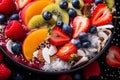 Healthy breakfast with fresh fruits and nuts, balanced diet nutrient-rich, close-up photography. Generative AI Royalty Free Stock Photo