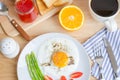 Healthy breakfast with fried egg, toasts and strawberry jam Royalty Free Stock Photo