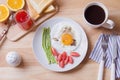 Healthy breakfast with fried egg, toasts and strawberry jam Royalty Free Stock Photo