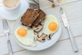 Healthy Breakfast, Fried Eggs With Mushrooms And Two Slices Of R