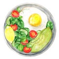 Healthy Breakfast. Fried eggs with salad and avocado. Watercolor illustration Royalty Free Stock Photo