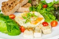 Healthy breakfast - fried quail eggs, avocado, salad, cherry tomatoes, tofu and bread.