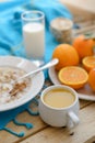 Healthy breakfast, fruit, corn flakes, milk and orange juice Royalty Free Stock Photo