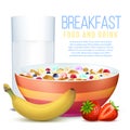 Healthy breakfast with fruits, bowl of flakes and glass of milk