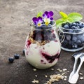 Healthy breakfast in a glass jar: yogurt, berry puree, whole grain cereal cereal, edible flowers, blueberries on a dark Royalty Free Stock Photo