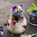 Healthy breakfast in a glass jar: yogurt, berry puree, whole grain cereal cereal, edible flowers, blueberries on a dark Royalty Free Stock Photo