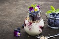 Healthy breakfast in a glass jar: yogurt, berry puree, whole grain cereal cereal, edible flowers, blueberries on a dark Royalty Free Stock Photo