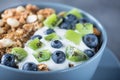 Healthy breakfast with granola cereal with blueberry, kiwi, yogurt and peanuts