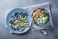 Healthy breakfast with granola cereal with blueberry, kiwi, yogurt and peanuts