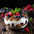 Healthy breakfast - granola with yogurt and fresh berries, selective focus