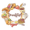 Healthy Breakfast Hand Drawn Design with Coffee, Fruits and Bakery. Eco Food