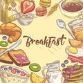 Healthy Breakfast Hand Drawn Design with Sandwich, Fruits and Bakery. Eco Food