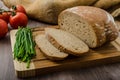 Healthy breakfast - homemade beer bread with cheese, tomatoes