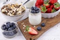 Healthy breakfast with homemade yoghurt and fresh strawberries and blueberries  muesli on a white wooden table in rustic style Royalty Free Stock Photo