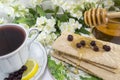 Healthy breakfast with honey and chokeberry tea Royalty Free Stock Photo