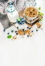 Healthy breakfast ingrediens. Homemade granola in open glass jar, milk or yogurt bottle, blueberries and mint Royalty Free Stock Photo