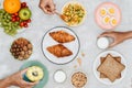 Healthy breakfast ingredients on black concrete background. Oat flakes, almond milk, nuts, fruits and berries. Healthy lifestyle, Royalty Free Stock Photo