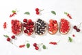 Healthy breakfast with ingredients. Diet fruit mini sandwiches with soft cottage cheese and fresh berries, raspberries, currants