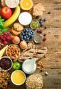 Healthy breakfast ingredients, food frame. Granola, egg, nuts, fruits, berries, toast, milk, yogurt, orange juice Royalty Free Stock Photo