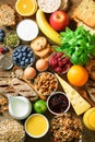 Healthy breakfast ingredients, food frame. Granola, egg, nuts, fruits, berries, toast, milk, yogurt, orange juice