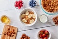 Healthy breakfast ingredients with homemade granola and berries on white wooden background Royalty Free Stock Photo