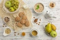 Healthy breakfast ingredients. Oatmeal and almond cookies, fruit