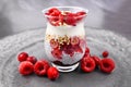 Healthy breakfast layered in glass with chia seed pudding, puffed quinoa grains and joghurt topped with red berries